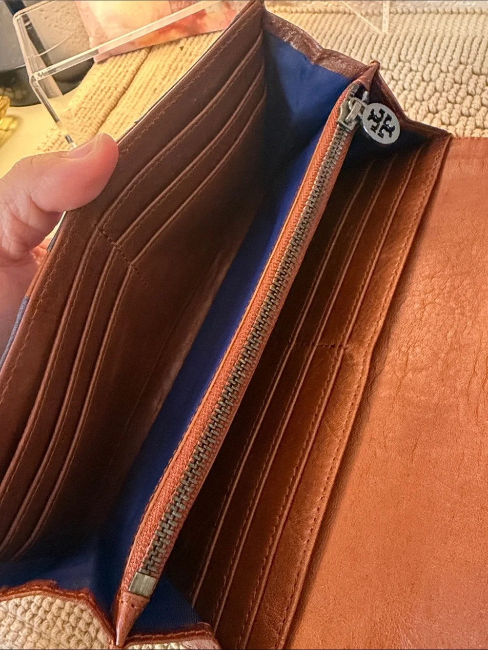 Tory Burch Navy and Brown Leather Clutch Wallet